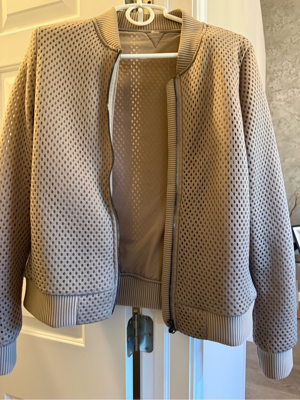 Women's Beige Perforated Bomber Jacket